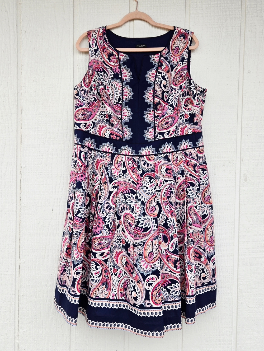 Talbots Paisley Print Fit-&-Flare Sleeveless Dress Pockets Pink & Navy 14WP